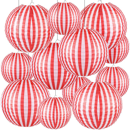 Hortsun 12 Pcs Carnival Circus Decorations Red and White Stripes Paper Lanterns Chinese Hanging Paper Lanterns for Carnival Circus Wedding Birthday Party Baby Shower Home Decoration