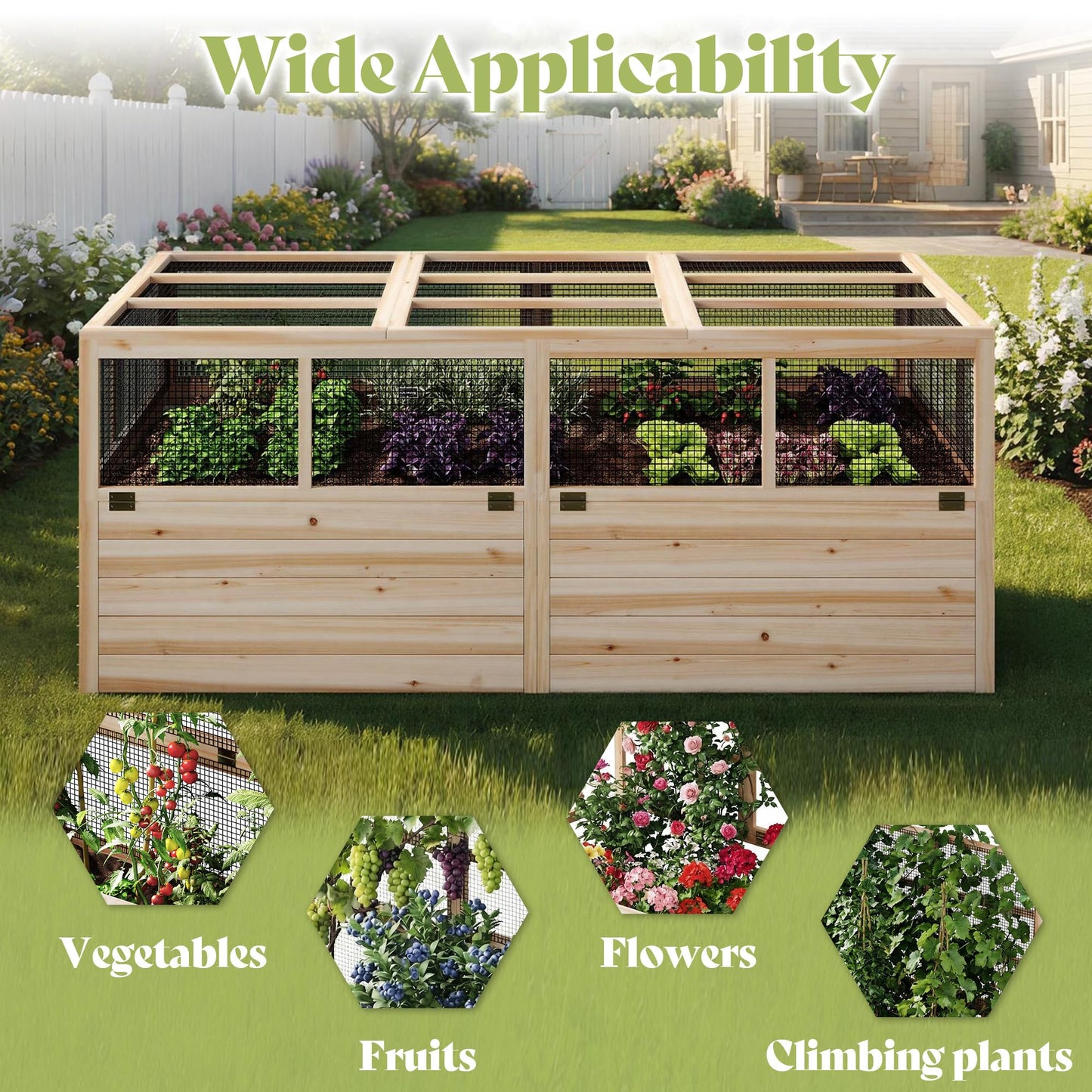 AMERLIFE Raised Garden Bed with Hinged Fencing and Trellis, 18 Inch Deepened Wood Planter Box, 2 PCS Flip-up Front Panel, Easy Assembly, Ideal for Seed Starting and Growing Vegetables & Fruits