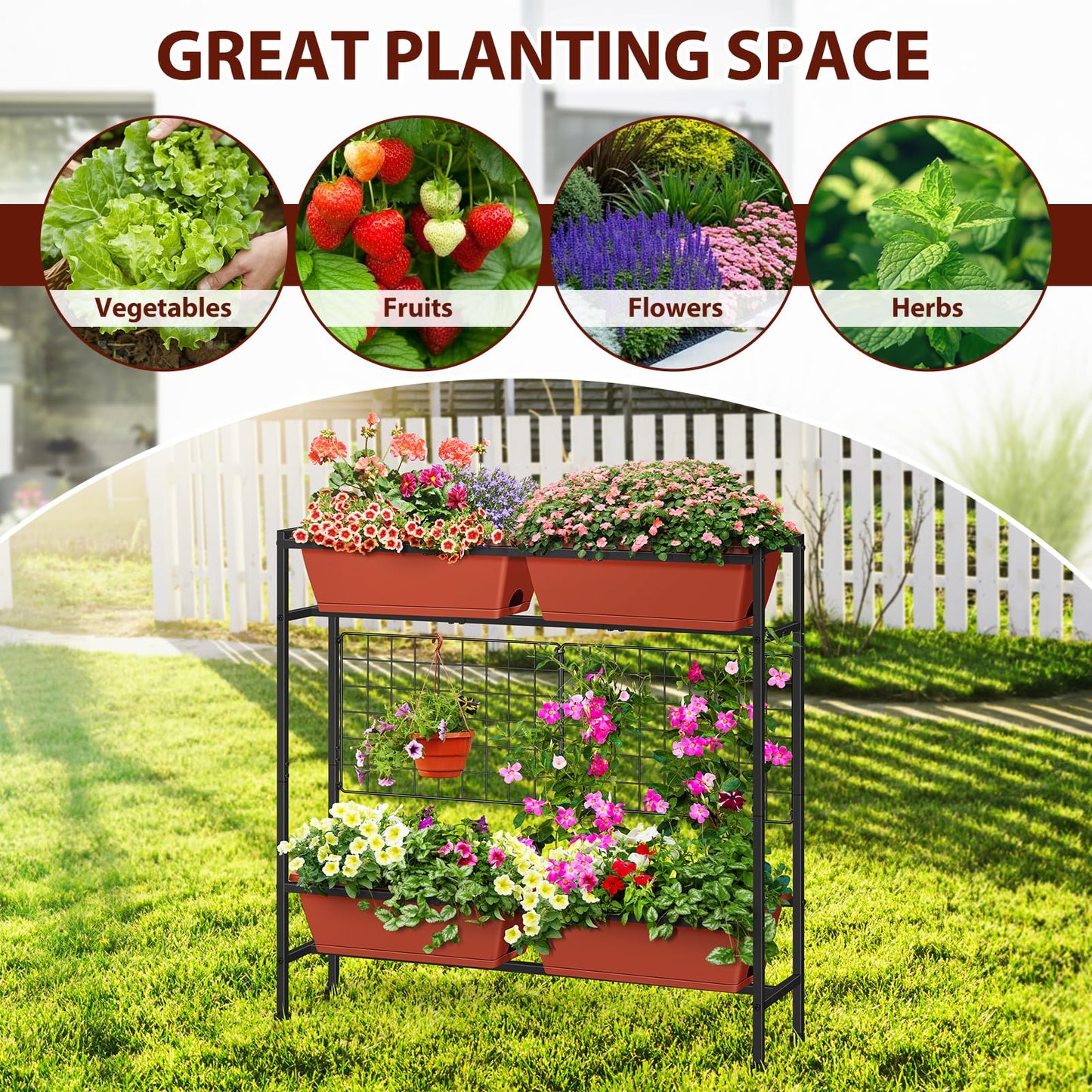 OYEAL Raised Garden Beds with Legs & Trellis, 32" Tall Herb Garden Planters for Indoor/Outdoor Plants, Vertical Elevated Flower Box for Backyard, Porch, Patio, Balcony, Red