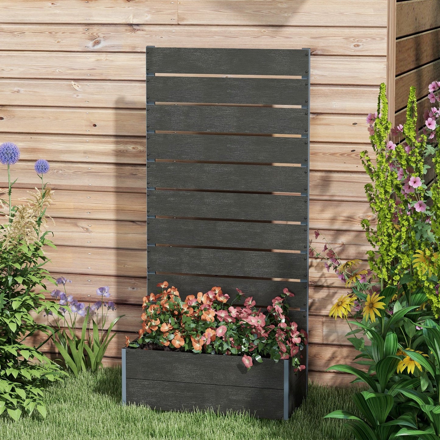 Outsunny Raised Garden Bed with Trellis for Climbing Plants, Planter Box with Self Draining Gap, Freestanding Trellis Planter for Outdoor, Patio, Deck, 28.25" x 15" x 59", Black