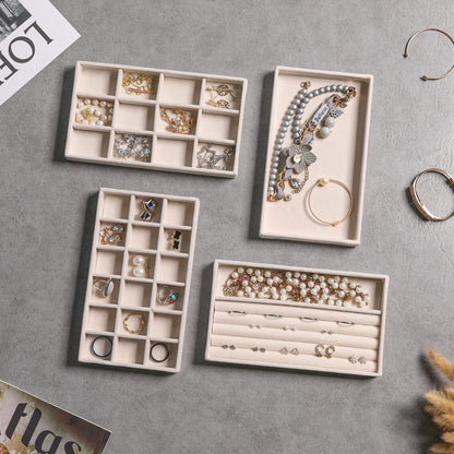 Frebeauty Jewellery Organiser Tray,Stackable Velvet Jewellery Trays,Drawer Inserts Earring Organiser For Women Girls Jewellery Storage Display Case for Rings Stud Necklaces,Set of 4(Beige)