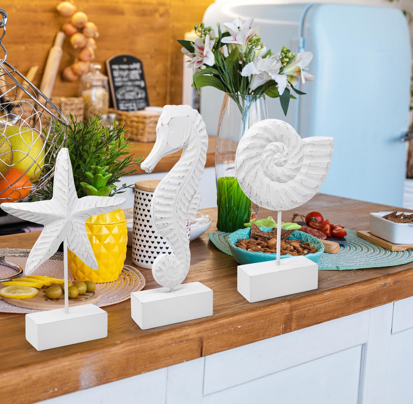 Gift Boutique 3Pcs Beach Nautical Style Figurines Wooden Tabletop Decor - Seahorse, Starfish & Conch Statue on Stands for Home, Beach House, Ocean Coastal Decorations