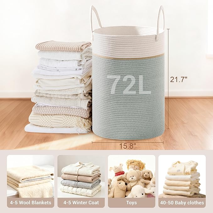 Tall Laundry Basket with Handles, 72L Portable Dirty Clothes Hamper, Boho