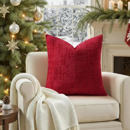 decorUhome Christmas Red Chenille Throw Pillow Covers 18x18 Set of 2 Thick Textured Slubby Couch Pillow Covers Farmhouse Accent Modern Neutral Decorative Pillow Cases for Bed Sofa Living Room