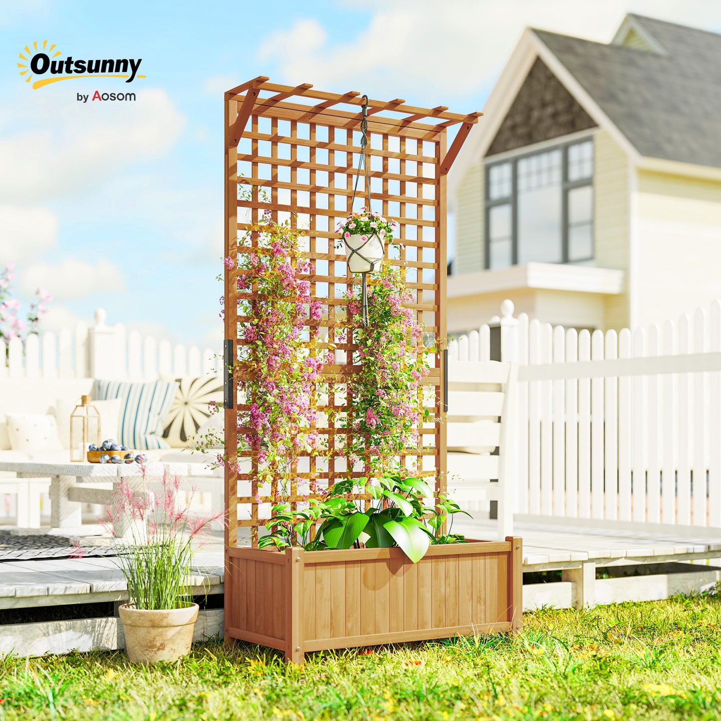 Outsunny Wood Planter with Trellis, Raised Garden Bed for Climbing Plants w/Drainage Holes and Roof, 35.5" x 17.75" x 72", Yellow
