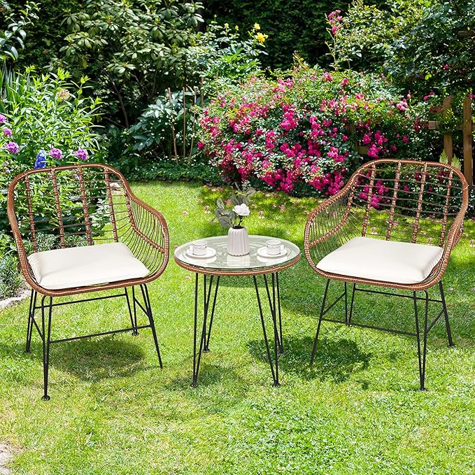 Tangkula 3 Pieces Patio Conversation Bistro Set, Outdoor Wicker Furniture