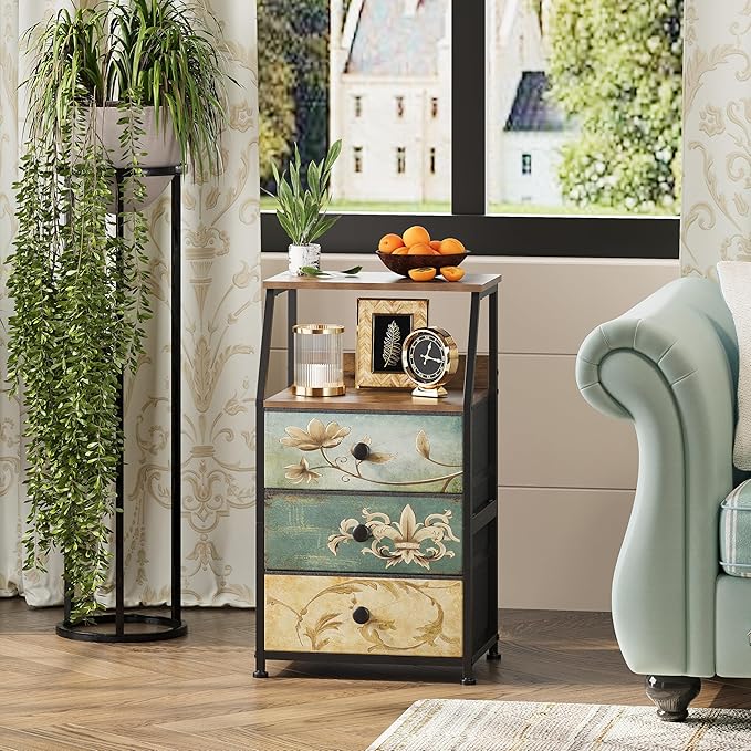 Tohomeor Dresser with Fabric Drawers Nightstand with 2 Tier Shelf Storage Tower