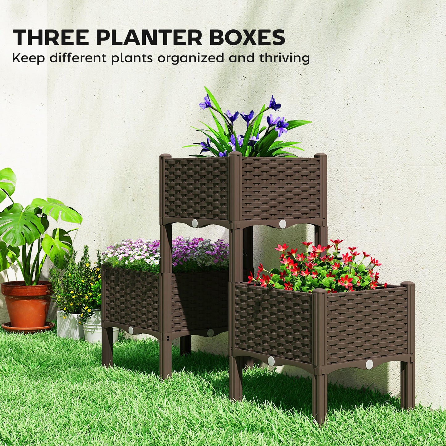 Outsunny Plastic Raised Garden Bed with Legs, Self Watering Elevated Planter Boxes with Drainage Holes and Plugs, Easy Assembly Outdoor Planter Box for Patio Yard Balcony, Vegetables, Flowers, Herbs