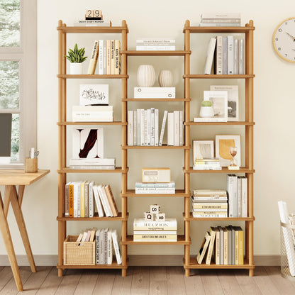 IOTXY Wooden Triple Wide Bookshelf - 6-Tier Large Shelf Bookcase with Solid Beech Frame, Tall Freestanding Open Etagere Display Rack for Home Office, Oak