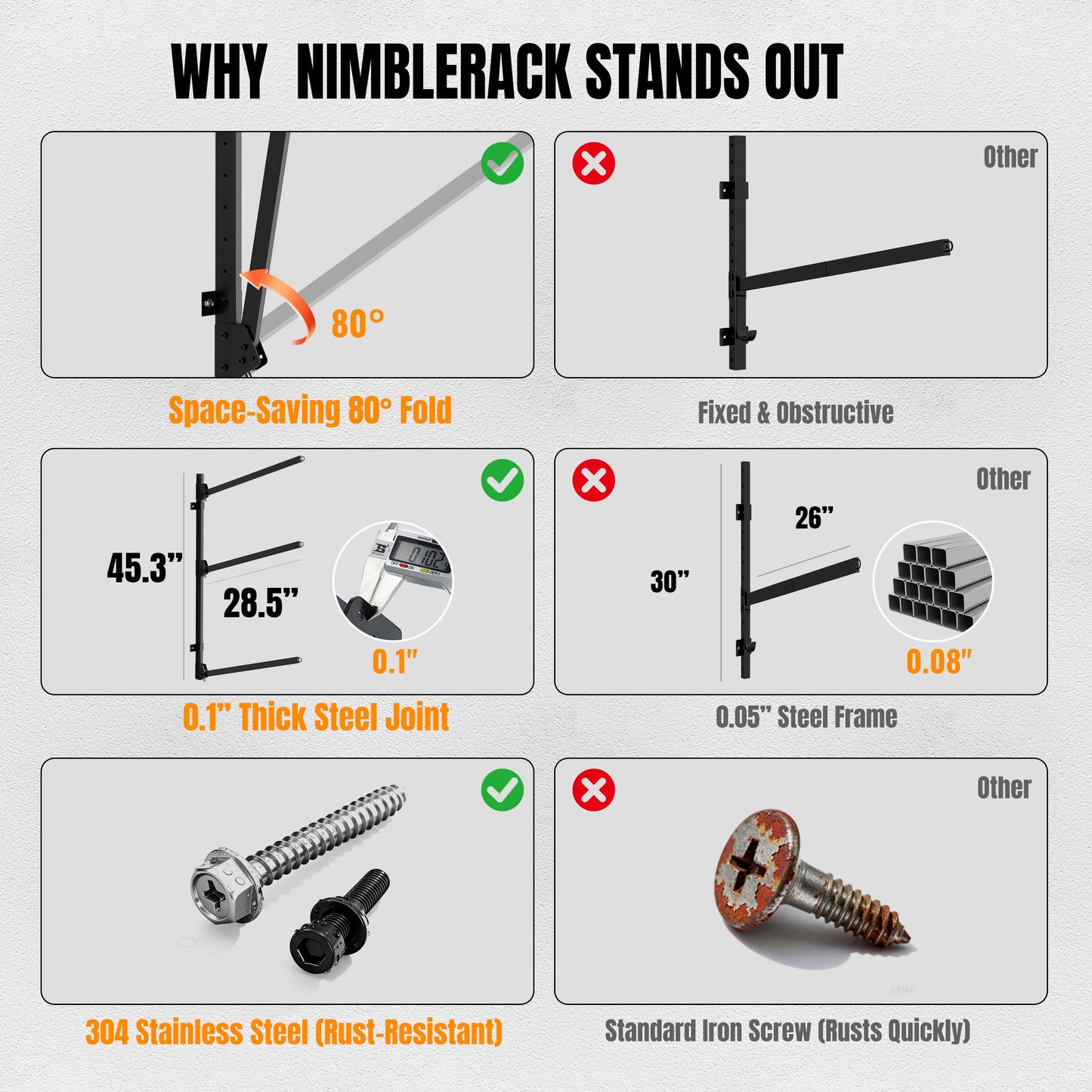 NIMBLERACK Kayak Wall Mount Rack, 45.3" Heavy Duty Canoe Storage Brackets, Foldable Space Saving Hanger, 304 Stainless Steel for Outdoor & Indoor, Fits SUP/Paddle Board(Black, 2-Tier)