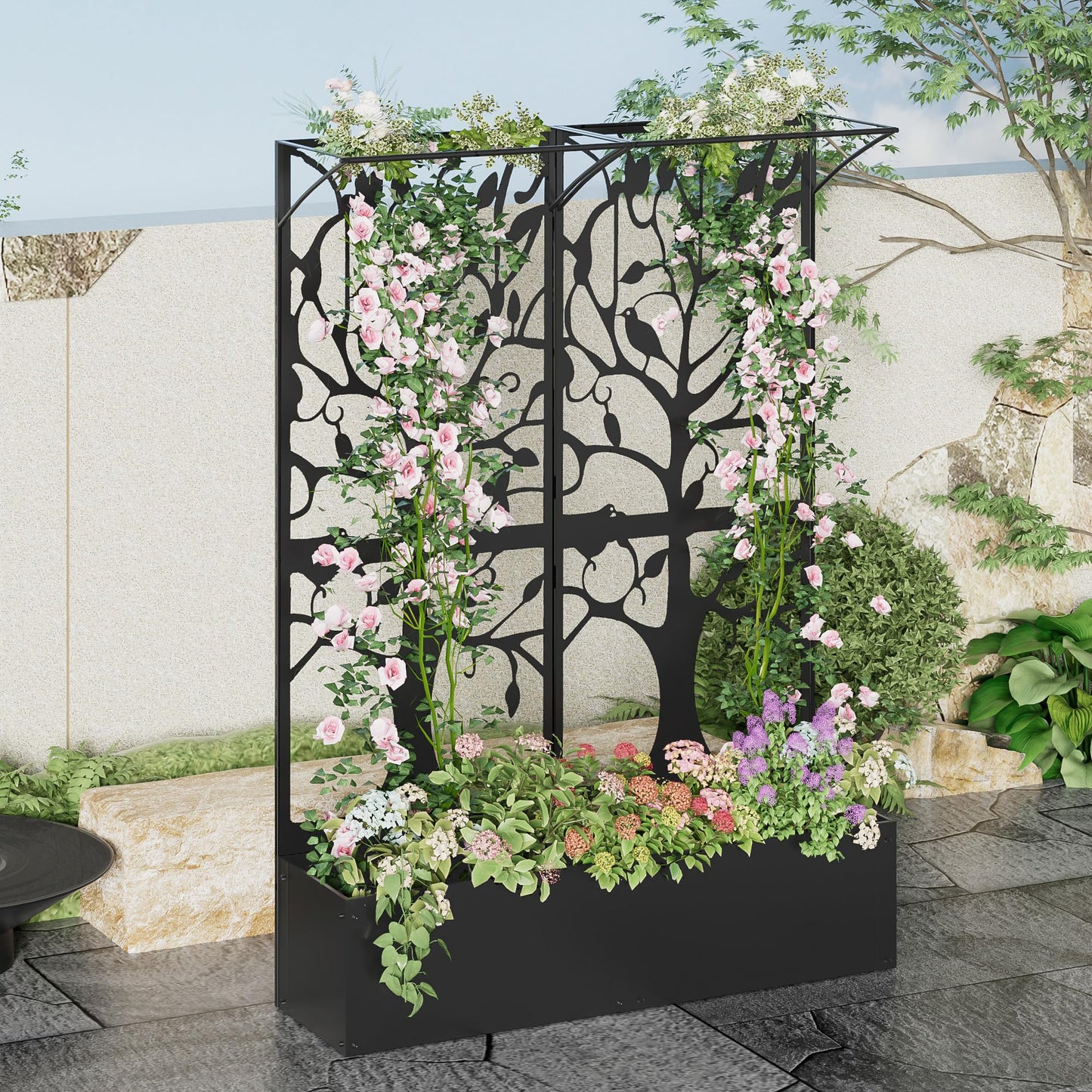 Furtivusia Metal Planter Box with Trellis, Tall Raised Garden Bed for Patio, Outdoor Privacy Planters for Climbing Plants, Vegetables, Fruits, Balcony, Outside, 62.4 x 12.2 x 44.6 Inch, Black