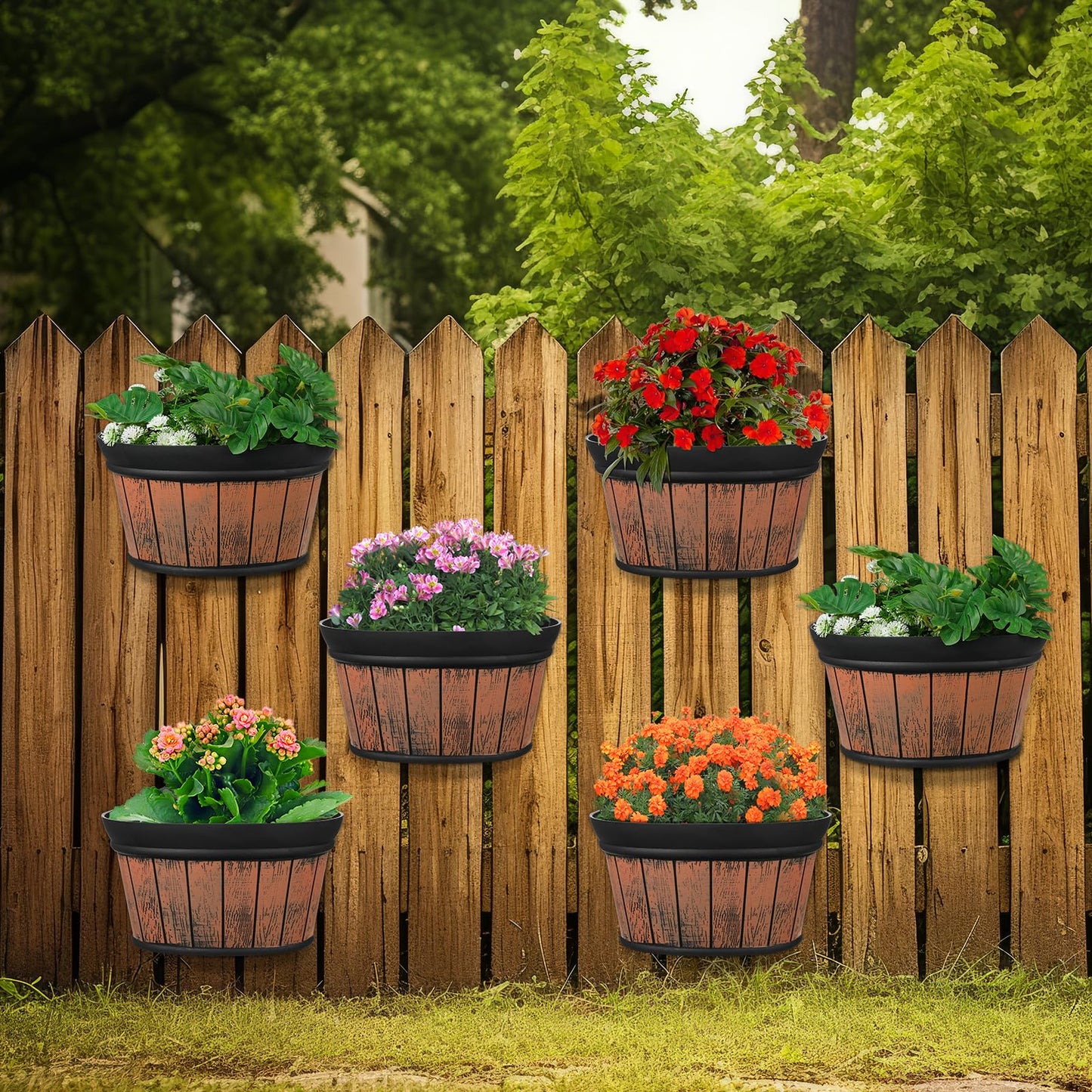 Layhit 6 Pcs Wall Hanging Planters Outdoor Pot Planter Wine Barrel Planter Distressed Oak Thickened Plastic Water Storage Flower Pots for Flower Indoor Outdoor(10 Inches,Brown)