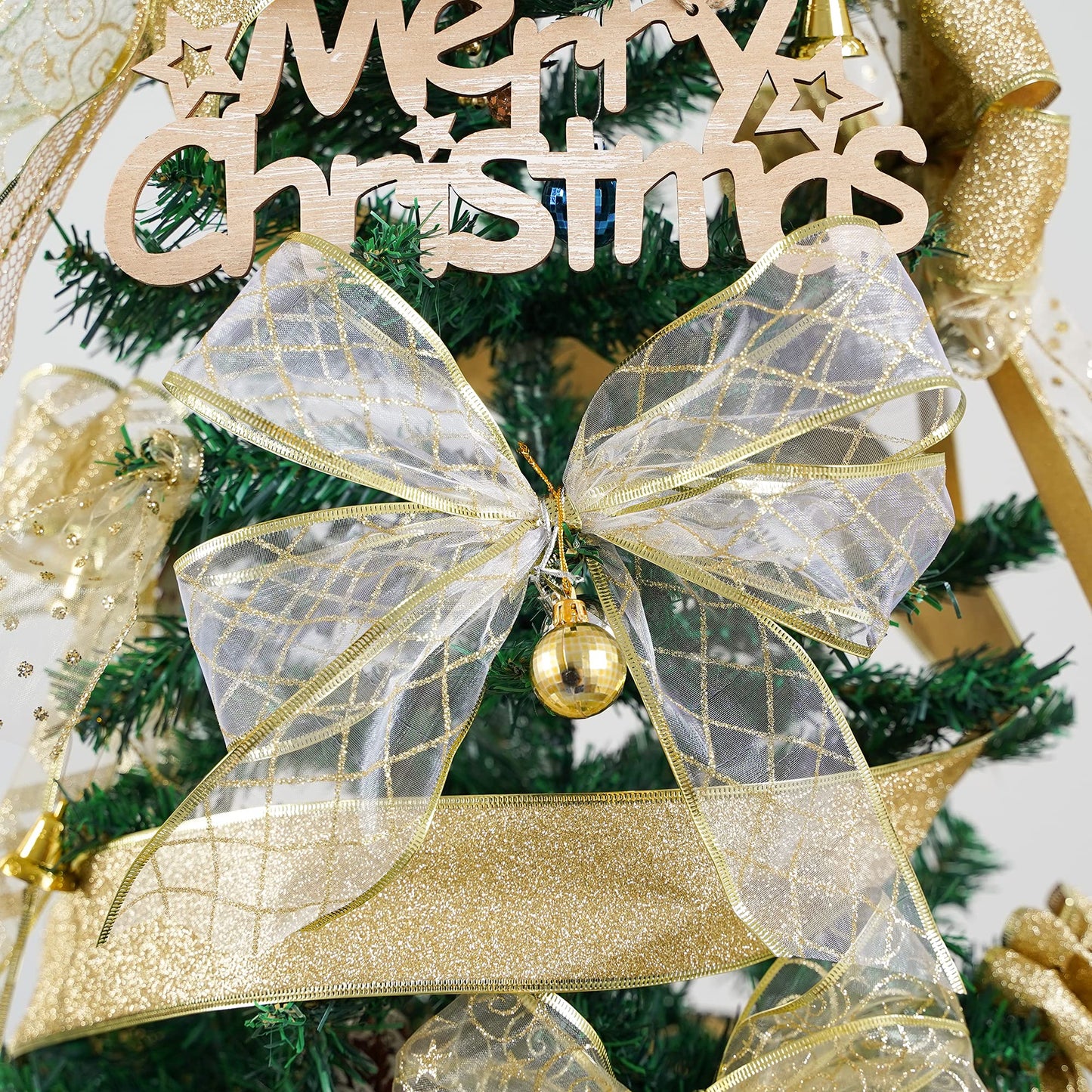 MEEDEE White and Gold Ribbon for Christmas Tree 2.5 Inch 6 Rolls 36 Yards Christmas Ribbons Gold Ribbons for Christmas Tree Decoration Garland Wire Mesh Ribbon for Wreaths