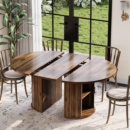 Garvee Extendable Round Dining Table with 2-Tier Storage Shelf & Drawer, 47.5 to 63 Inch Expandable Kitchen Table for 4-8 PM, Modern Farmhouse Fluted Pedestal Oval Circle Dinner Table, Walnut