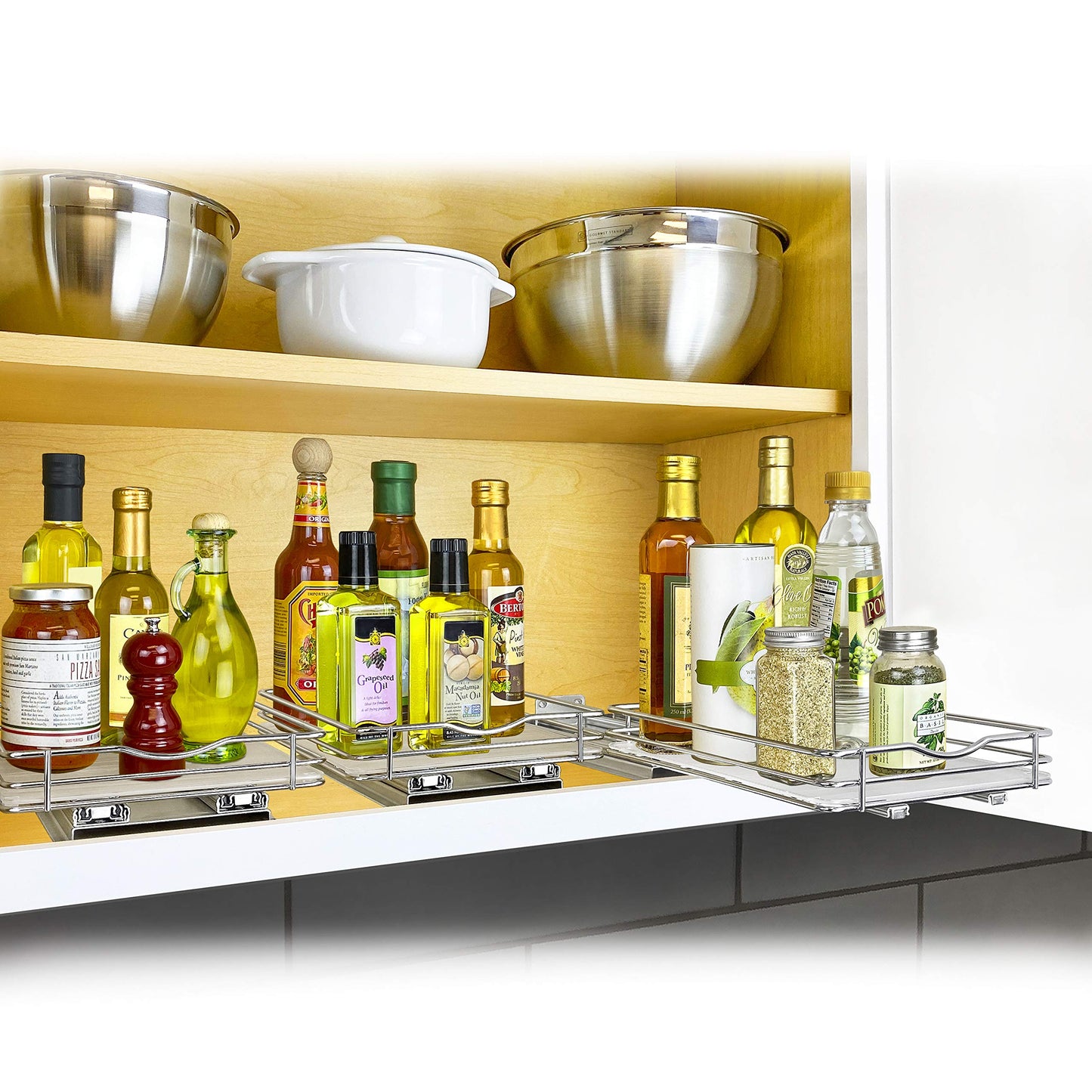 LYNK PROFESSIONAL® Pull Out Spice Rack Organizer for Inside Kitchen Cabinets - 4-1/4 inch Wide - Slide Out Drawer – Chrome Sliding Spice Cabinet Organization Shelf Racks - 2 Tier