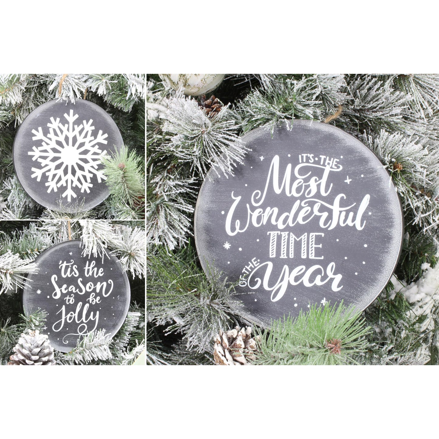 AuldHome Design Chalkboard Sign Ornaments (3 Pack); Jumbo Blackboard Style Round Metal Christmas Signs, Each 8-Inch Diameter