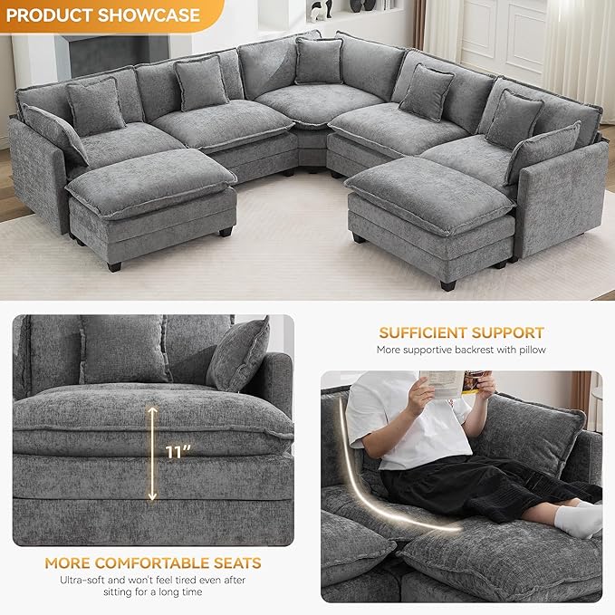 113'' V Shaped Cloud Sectional Sofa, Oversized Deep Seat Couches