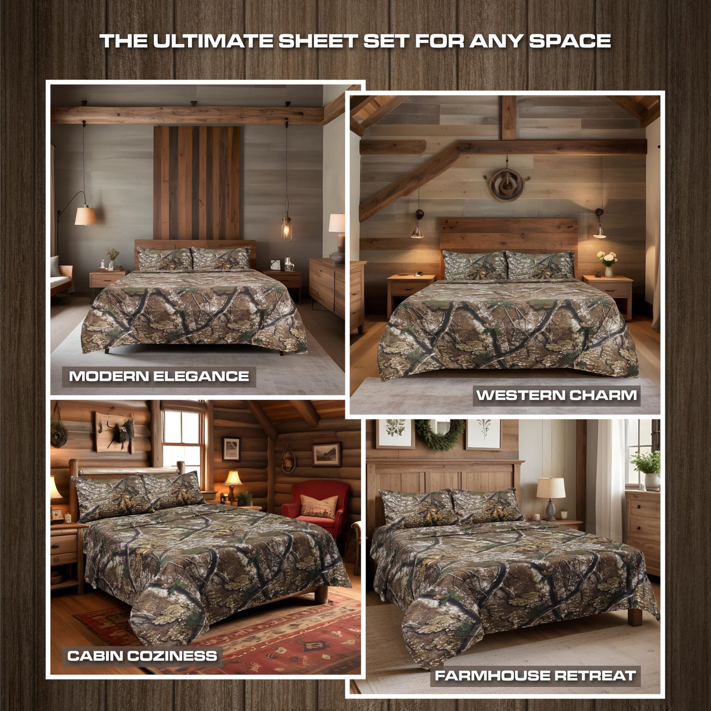 VISI-ONE Realtree APX King Camo 4 Piece Sheet Set – Lightweight, Cooling, Wrinkle-Free Microfiber 13" Deep Pockets Sheets, Unisex Rustic Western Farmhouse Style Made to Complement All Living Spaces