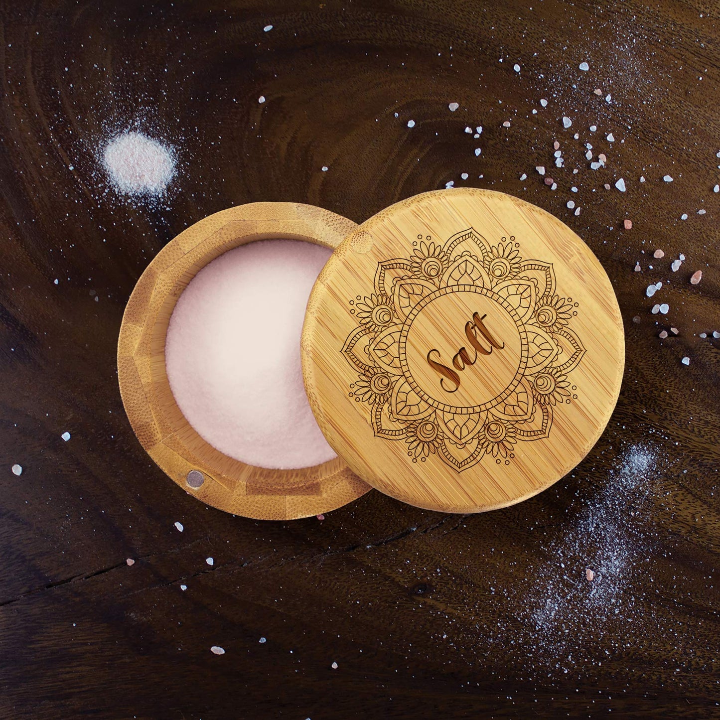 Totally Bamboo Salt Cellar Bamboo Storage Box with Magnetic Swivel Lid, 6 Ounce Capacity, Mandala Flower Engraved on Lid