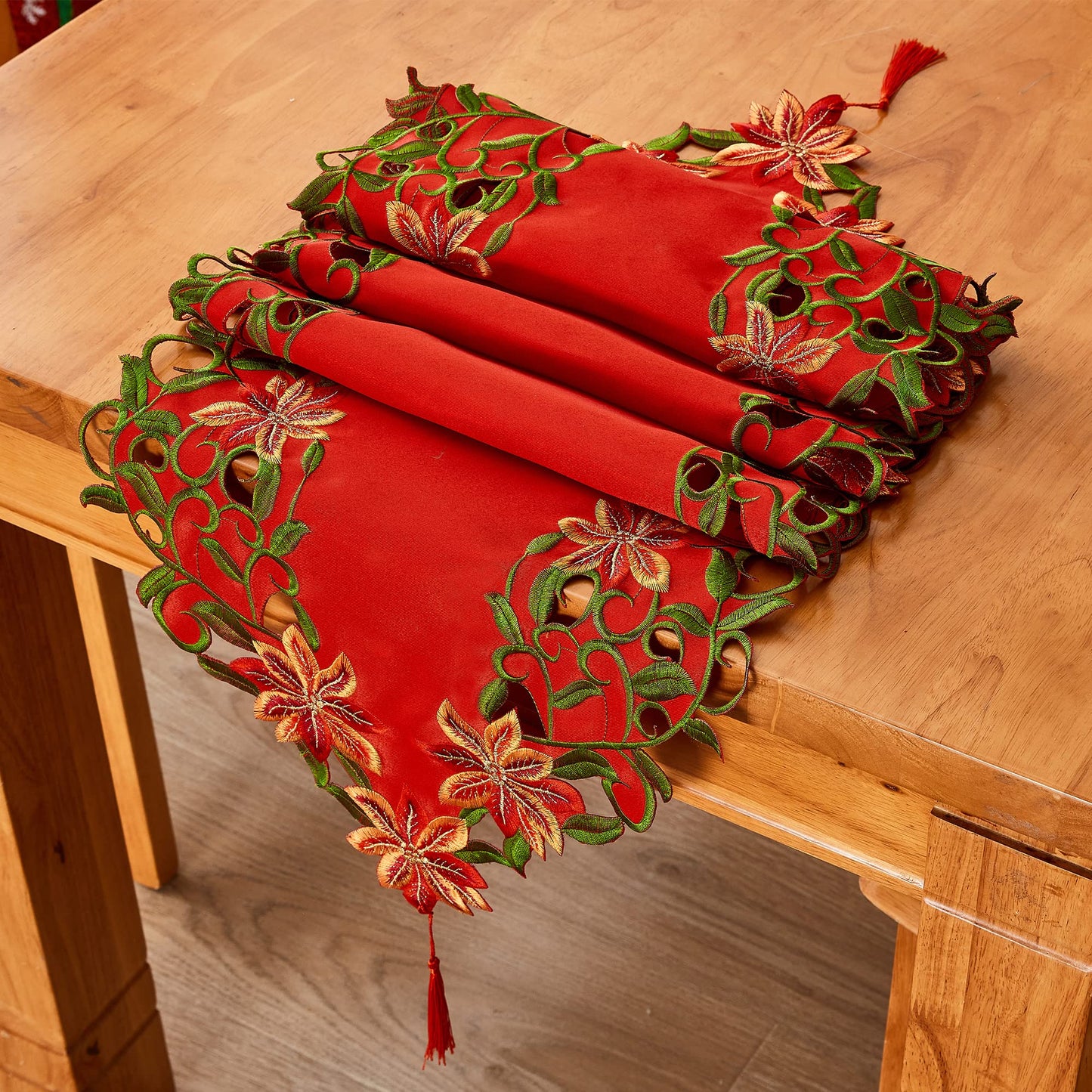 AMARED Christmas Embroidered Table Runner Cutwork Green Leaves Holiday Table Linens for Christmas Decorations 15x69 Inch