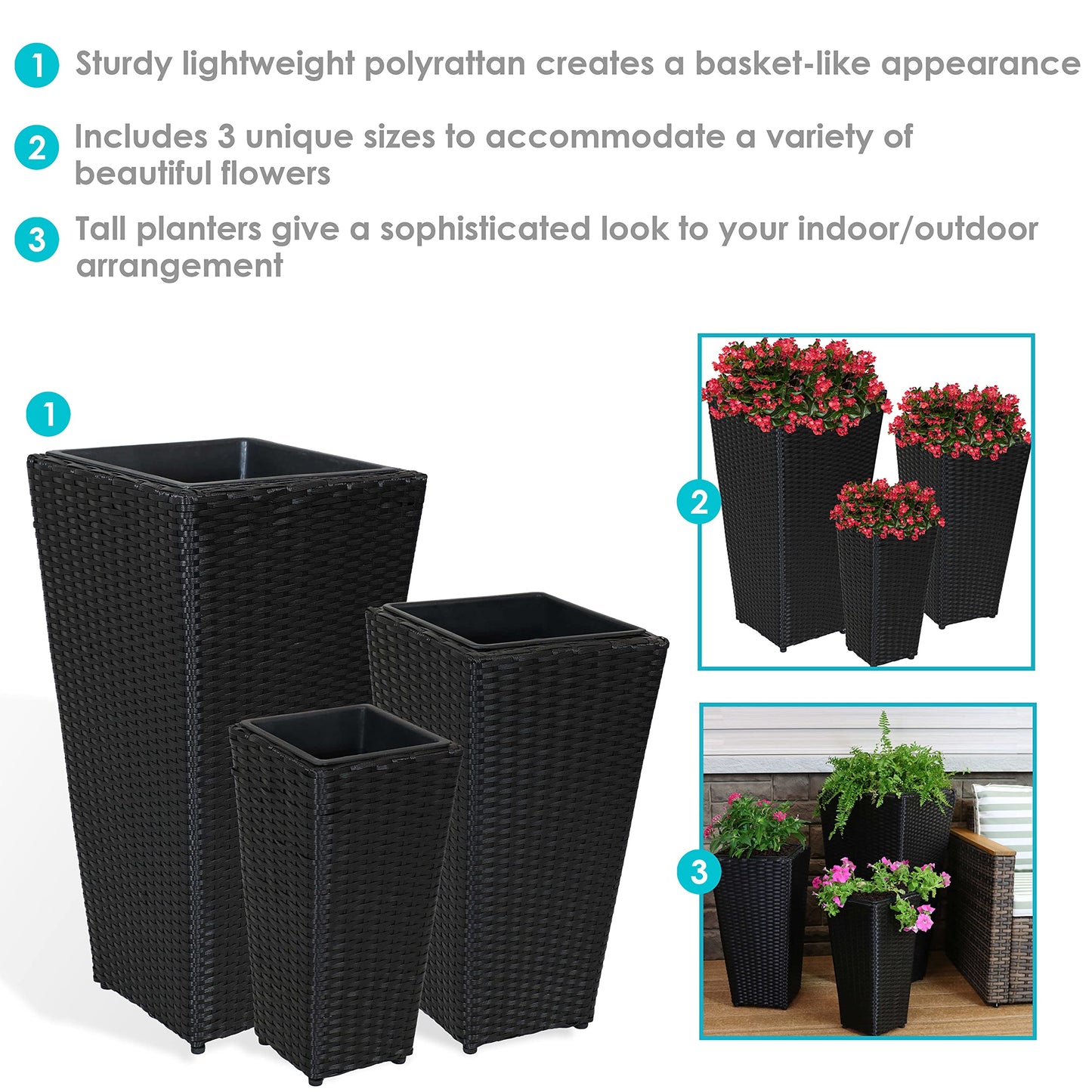 Sunnydaze Square Tall Wicker Outdoor Planter Set of 3 - Polyrattan Large Outdoor Planters for Porch, Patio or Garden - 9", 11.5", 14.75" Tall Plant Pots - Black
