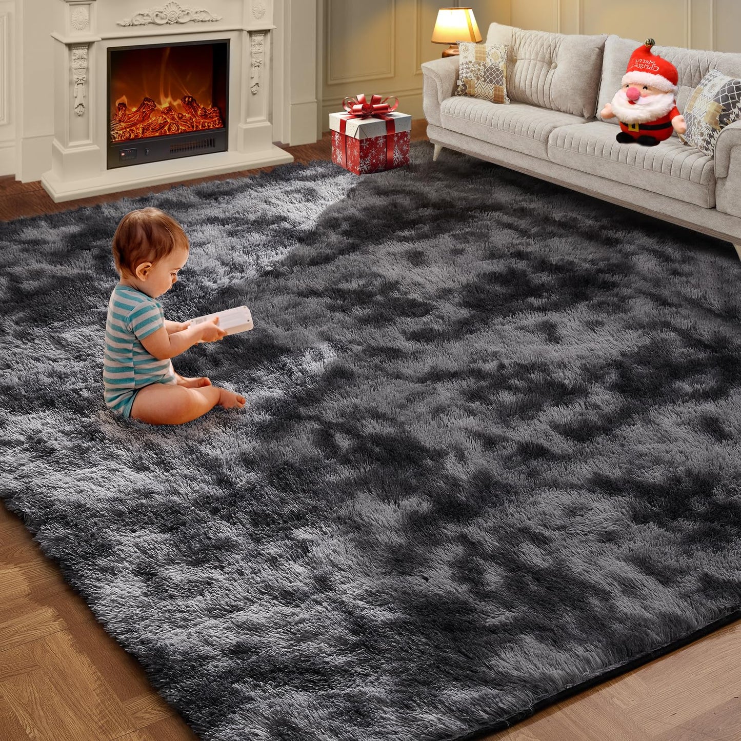 Shag Area Rugs for Living Room 5x7 Feet, Upgrade Anti-Skid Rectangular Cozy Rug, Indoor Floor Carpet for Kids Boys Girls Dorm Bedroom Playroom, Home Decor Aesthetic, Tie-Dyed Dark Gray