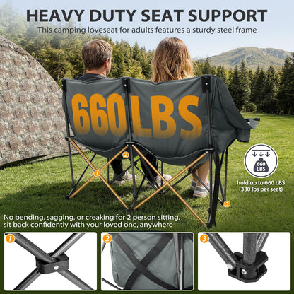 GEERTOP Double Camping Chair for Adults Comfort Suede Padded Loveseat Heavy Duty Oversized 2 Person Camp Chair Sofa with Cup Holders for Outdoor Backyard Lawn BBQ Festival