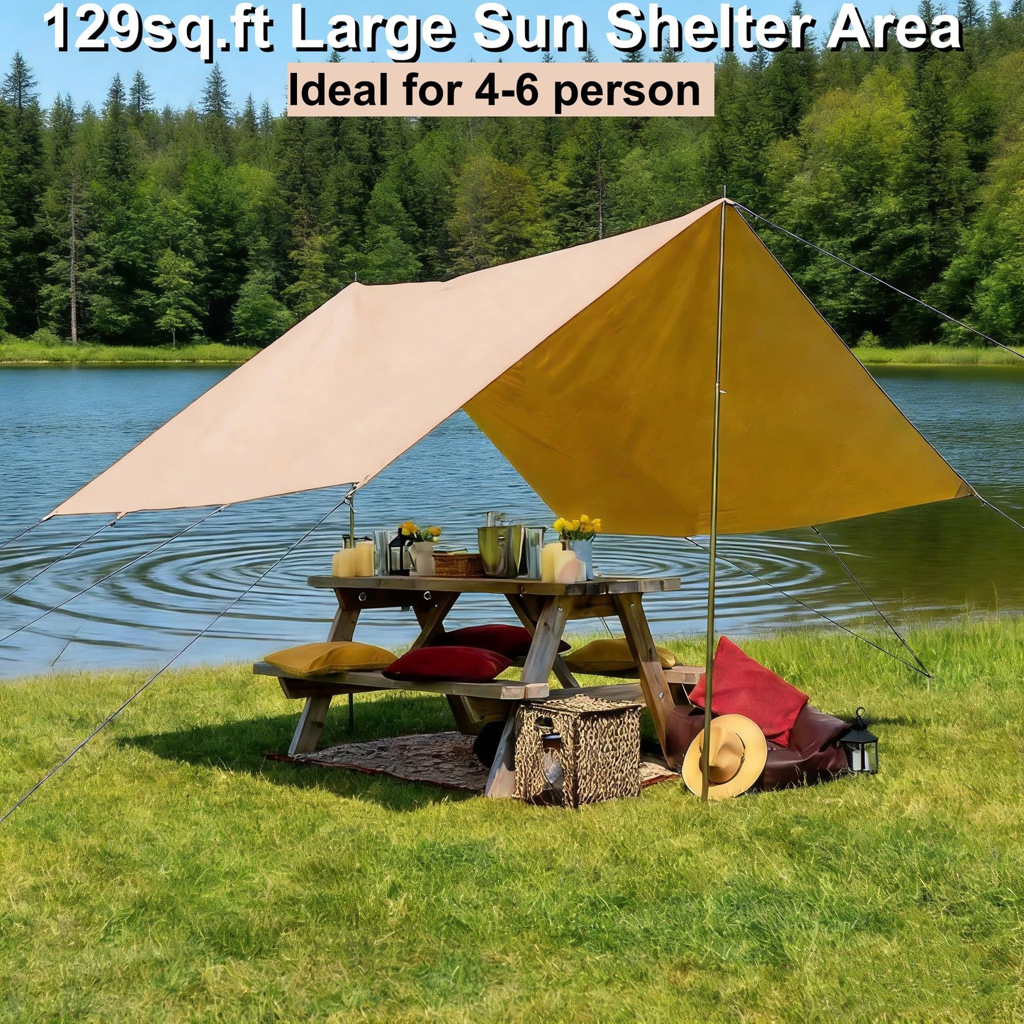 DANCHEL OUTDOOR Waterproof Bell Tent Awning Camping Tarp – Portable Entrance 4 Season Canopy Cover with 6.5ft Poles, Khaki 13x9.8ft Glamping Accessories