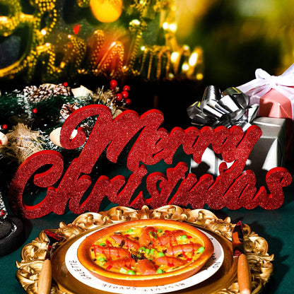 Merry Christmas Signs Merry Christmas Glitter Wood Block Freestanding Tabletop Holiday Home Decor Merry Christmas Freestanding Cutout Wood Block for Xmas Party Table Centerpiece Holiday Decor (Red)