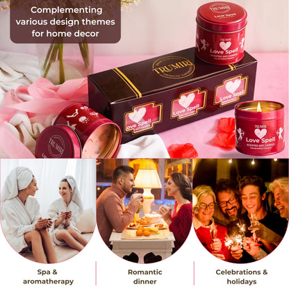 Love Spell - Scented Candles for Women & Men with Rose Petals and Crystals - Pack of 3 x 5oz Soy Clean Organic Non Toxic - Velas Aromáticas - Aromatherapy Spa Valentines Gift Candel