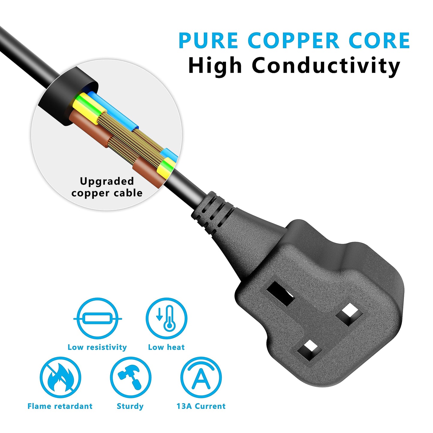 1 Meter Short Extension Lead Single Plug Socket Power Cable 13 Amp Extension Cord Electrical Socket Black