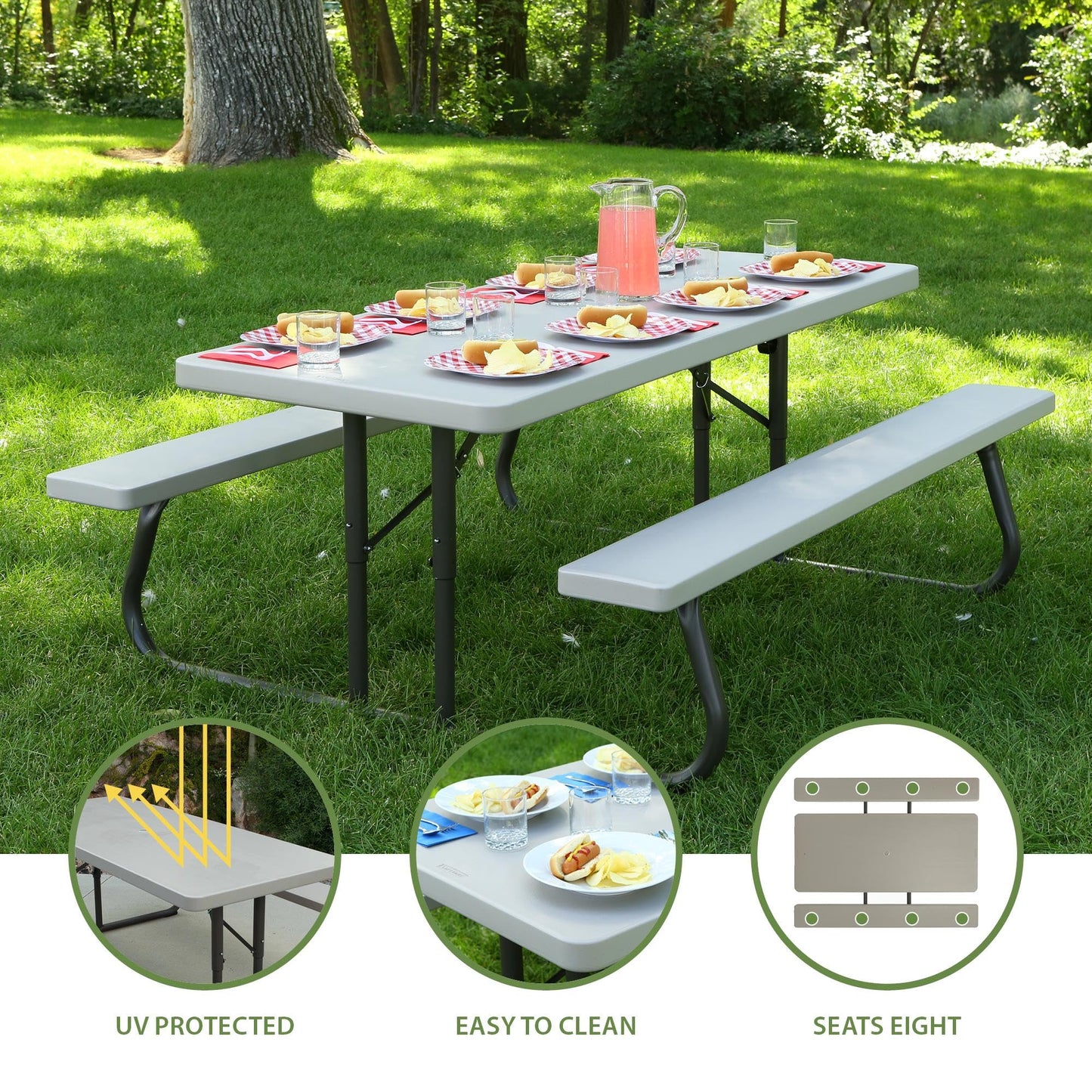 LIFETIME 6‑Foot Folding Picnic Table, Outdoor Portable Bench Seating for 8, UV‑Protected HDPE, Powder‑Coated Steel Frame, Stain‑Resistant, Folds Flat for Storage