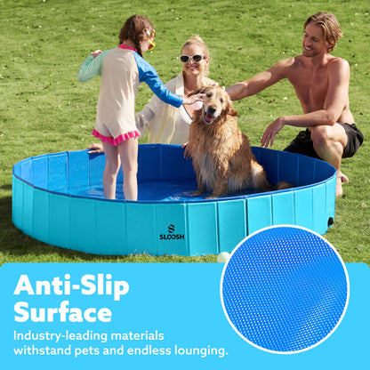 Sloosh Foldable Dog Kiddie Pool - Portable Hard Plastic Doggie Swimming Pool, Anti-Slip Collapsible Pets Bath Tub Suitable for Kids Indoor Outdoor Backyard Use (71" x 12", Blue)