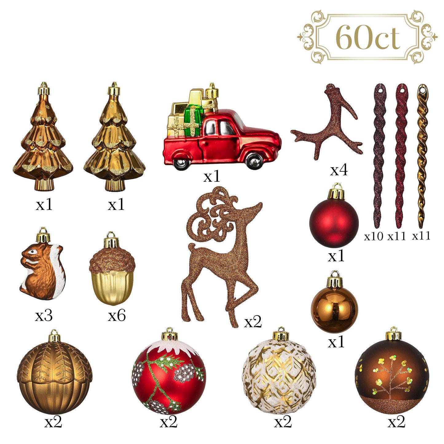 Valery Madelyn Christmas Ornaments Set, 60ct Red and Brown Shatterproof Christmas Tree Decorations, Woodland Hanging Ball Ornaments Bulk for Xmas Holiday Decor