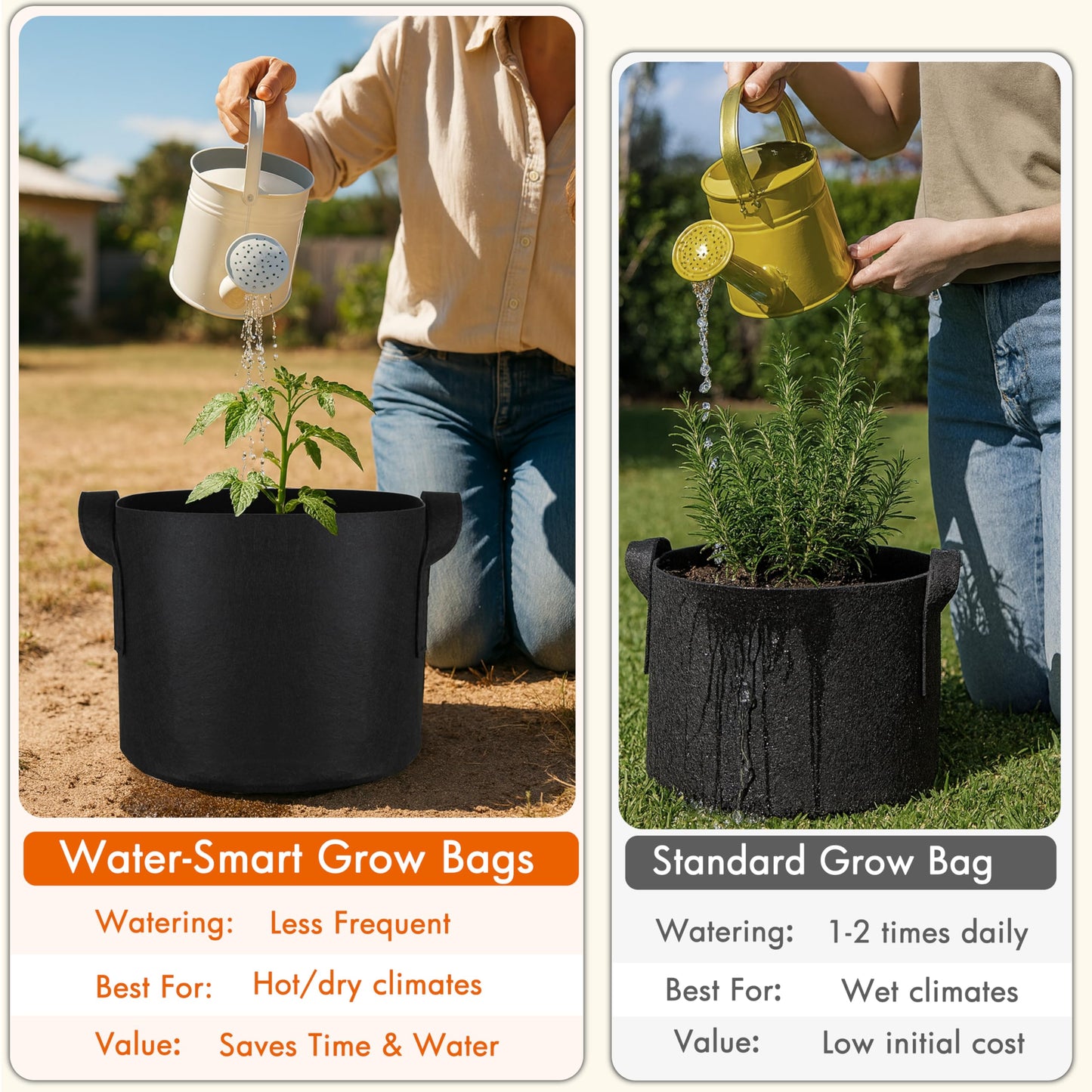 Gardzen 10 Gallon Grow Bags with Waterproof Liner, 500G Thick Nonwoven Fabric Pots, Cuts Watering by 50% in Hot Dry Climates, for Patio Balcony Use (6-Pack)