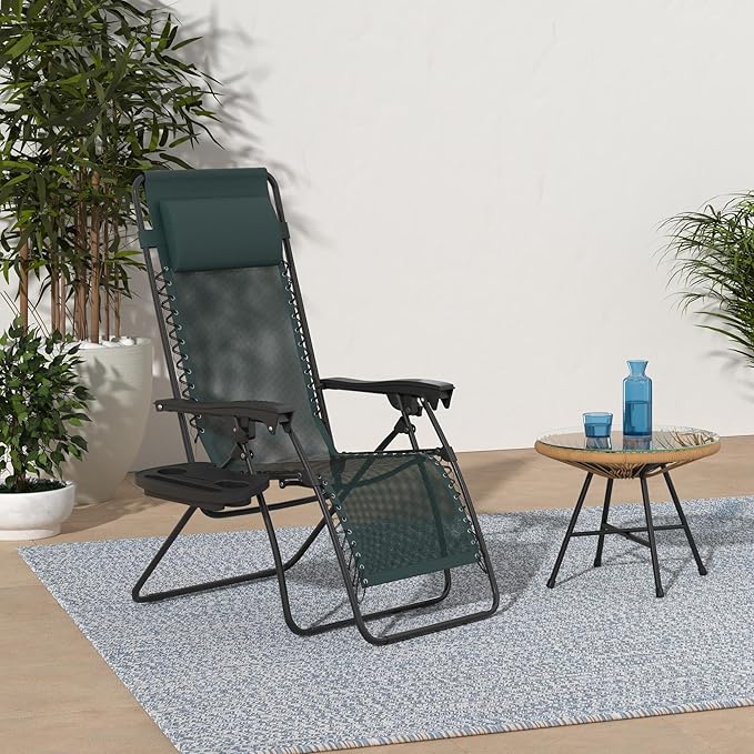 Best Choice Products Set of 2 Adjustable Steel Mesh Zero Gravity Lounge Chair Recliners w/Pillows and Cup Holder Trays - Forest Green