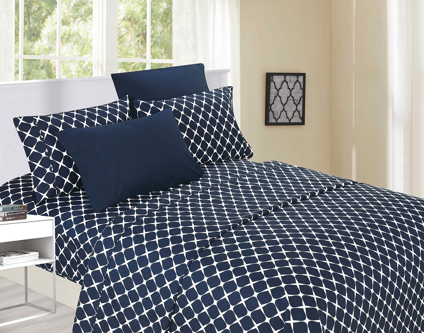 Elegant Comfort Luxury Softest and Coziest 6-Piece Bed Sheet Set, Wrinkle Resistant Milano Trellis Pattern-1500 Thread Count Egyptian Quality Microfiber Bedding Set, Queen, Navy Blue