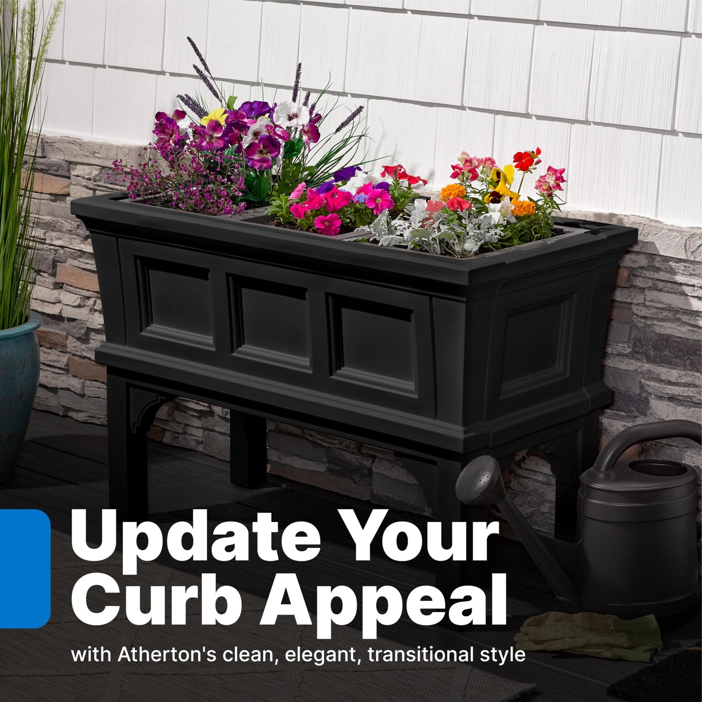 Step2 Atherton Raised Planter Box, Large Planters for Outdoor Plants, Gardening and Flower Pot for Patio or Porch, Easy Drainage, Durable Plastic, Onyx Black