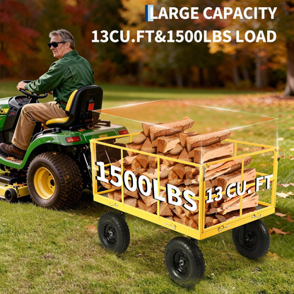 Heavy Duty 1500 Lbs Steel Garden Cart – 3-in-1 Utility Wagon & Trailer with Removable Mesh Sides, 13" All-Terrain Tires, 180° Rotating Handle for Lawn, Yard, Gardening Tasks, Outdoor Hauling