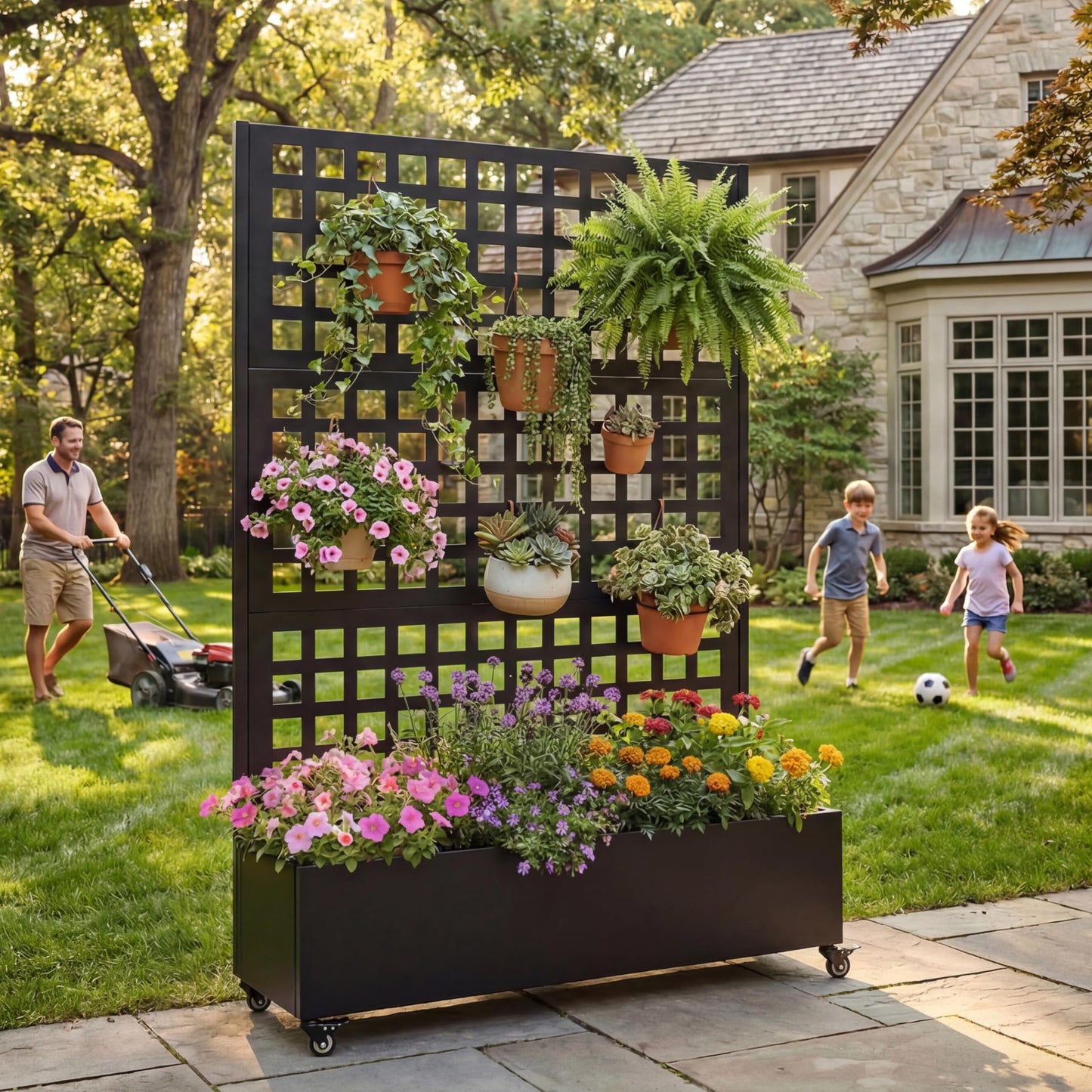 KEIKI 73"x47"x16" Planter Trellis Box with Wheels, Metal Outdoor Resin Raised Garden Bed for Climbing Plants, Large Weather-Resistant Design, Black
