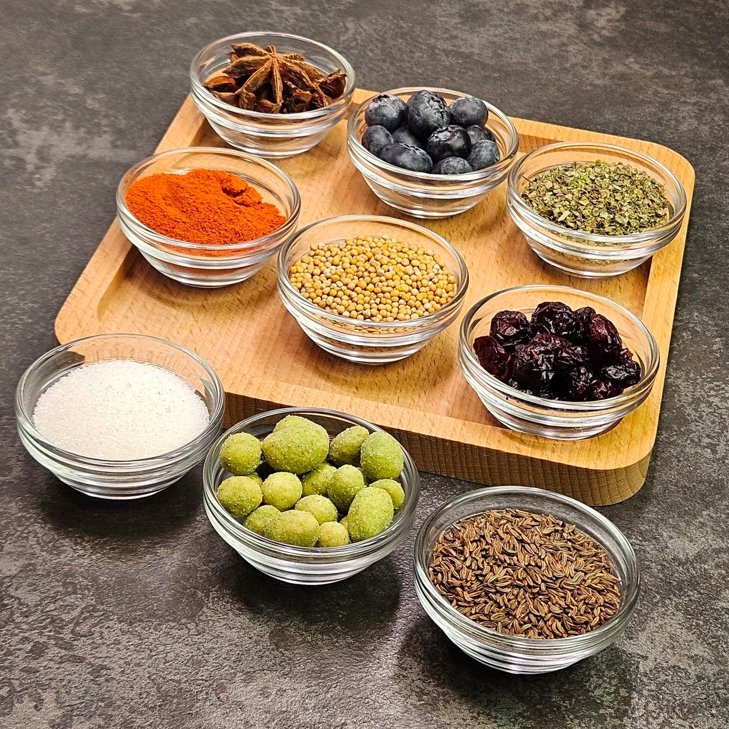 JO! Small Glass Bowls Set with Wooden Serving Tray - Set of 9 Mini Glass Dipping Bowls (1 oz) with Charcuterie Board - Ideal for Party, Snacks and Condiment - Dishwasher & Microwave Safe