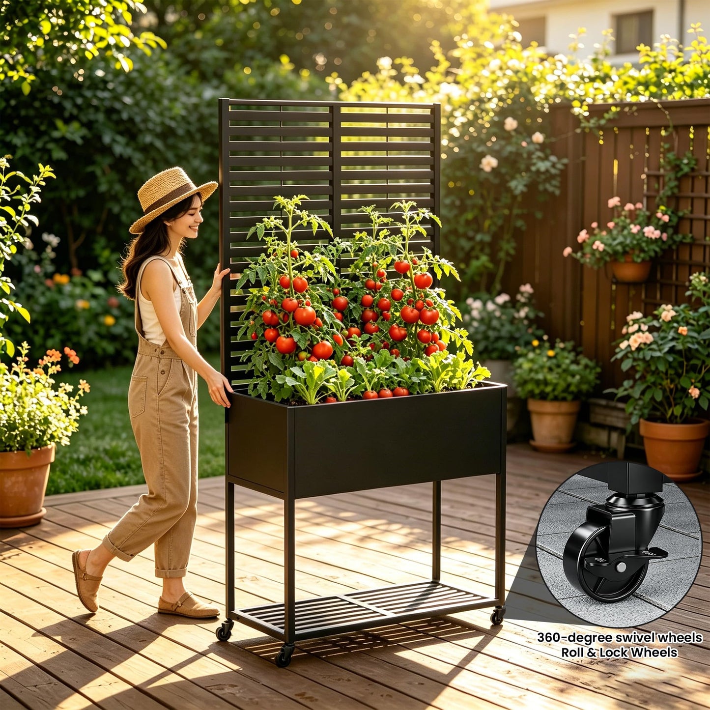 Metal Planter with Trellis for Outdoor,Elevated Rust-Proof Raised Garden Bed with Legs & Wheels,70" Privacy Planter for Climbing Plants & Flowers,Outside Movable Raise Box for Patio,Black (Black)