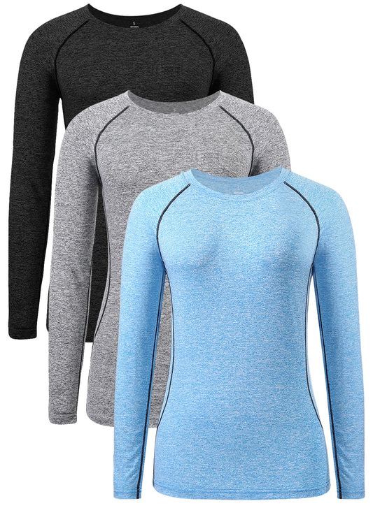 Star Vibe Dry Fit Long Sleeve Tshirt for Women Moisture Wicking Long Sleeve Tee Outdoor Compression Running Workout Tops 3 Pack Black/Grey/Blue S