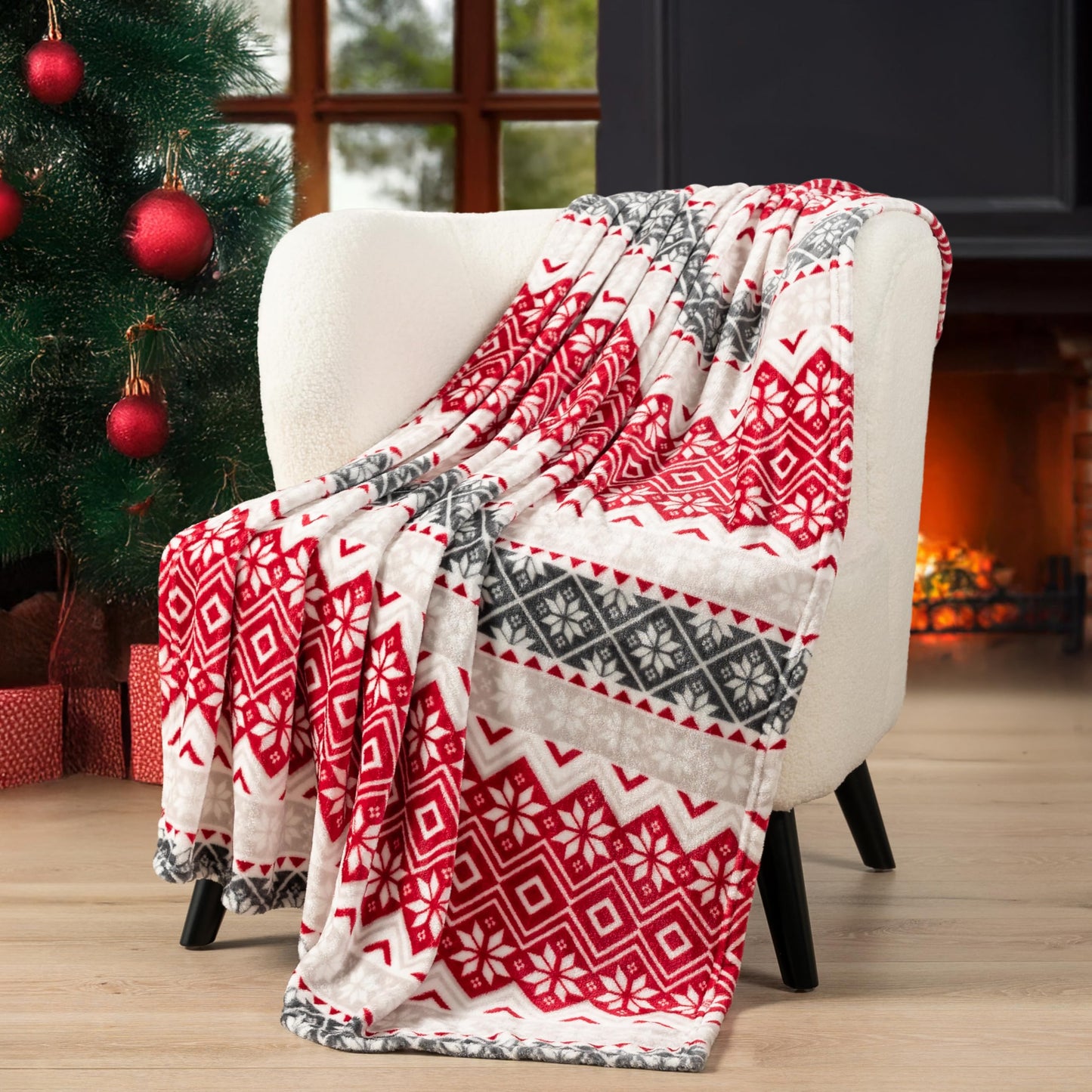 PAVILIA Christmas Throw Blanket | Holiday Christmas Red Fleece Blanket | Soft, Plush, Warm Winter Cabin Throw, 50x60 (Red Snowflakes)