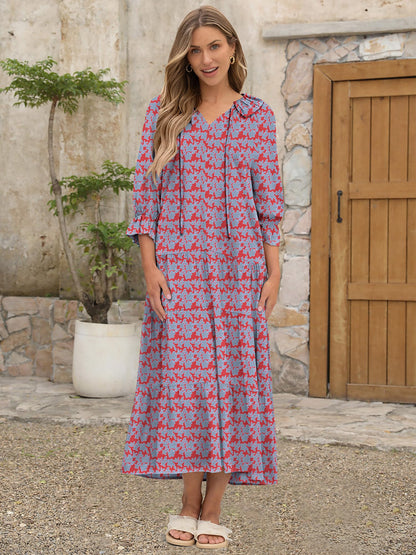 ANRABESS Women's Boho Maxi Dresses 2025 Summer Casual V Neck Puff Sleeve Floral Tiered Flowy Swing Beach Vacation Long Dress