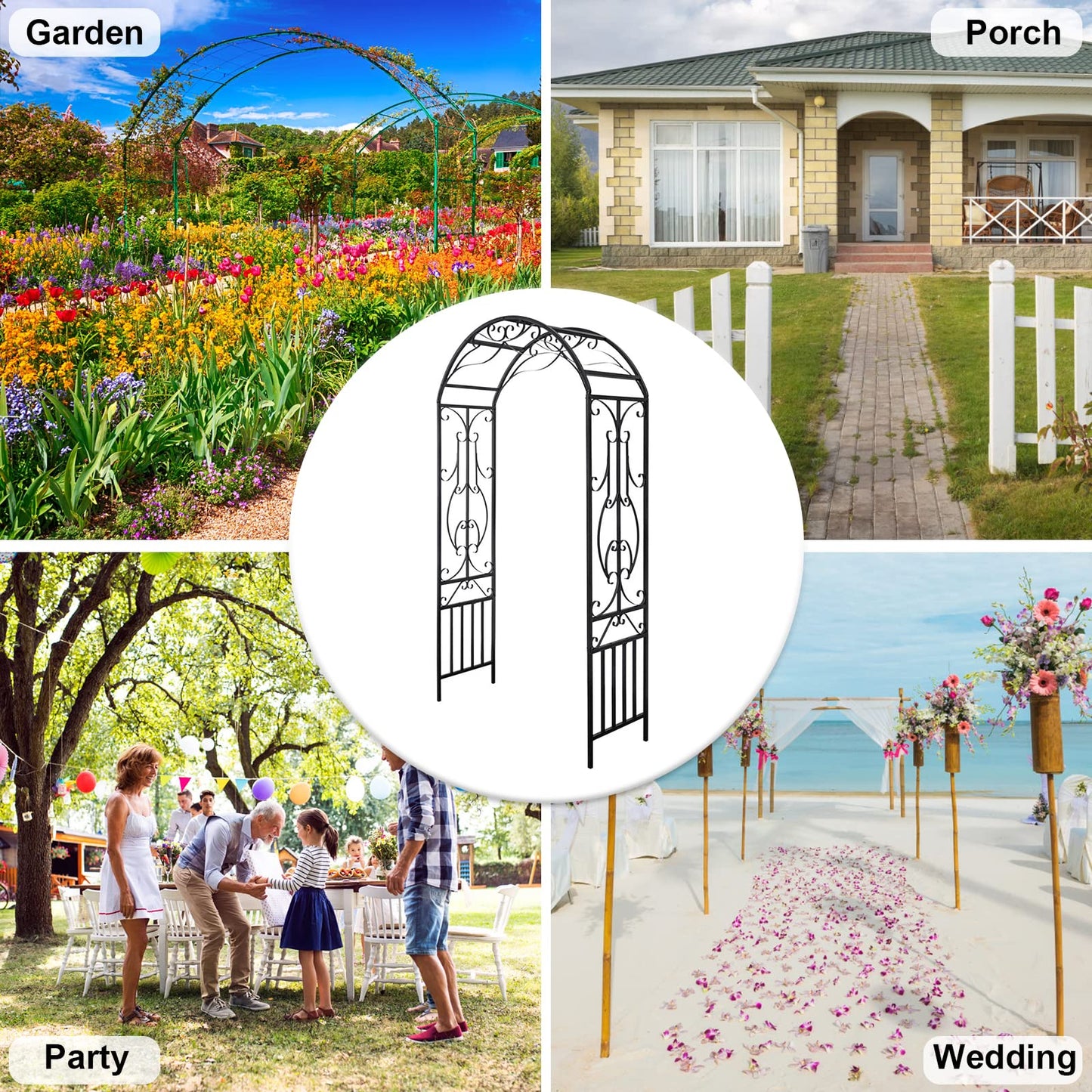 Peach Tree Outdoor Metal Garden Arch, 86.6" H x 44.1" W Iron Black Trellis Arbor Various Climbing Plant Growing Lawn Backyard