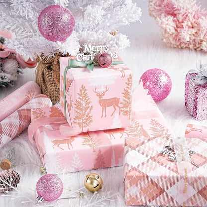 RUSPEPA Pink Christmas Wrapping Paper Set, Mini Roll, Gold Foil Winter Wonderland Design with Reindeer, Snowflake, Plaid Patterns Perfect for Holiday Gifts, 3 Rolls, 17 inches x 10 feet per Roll