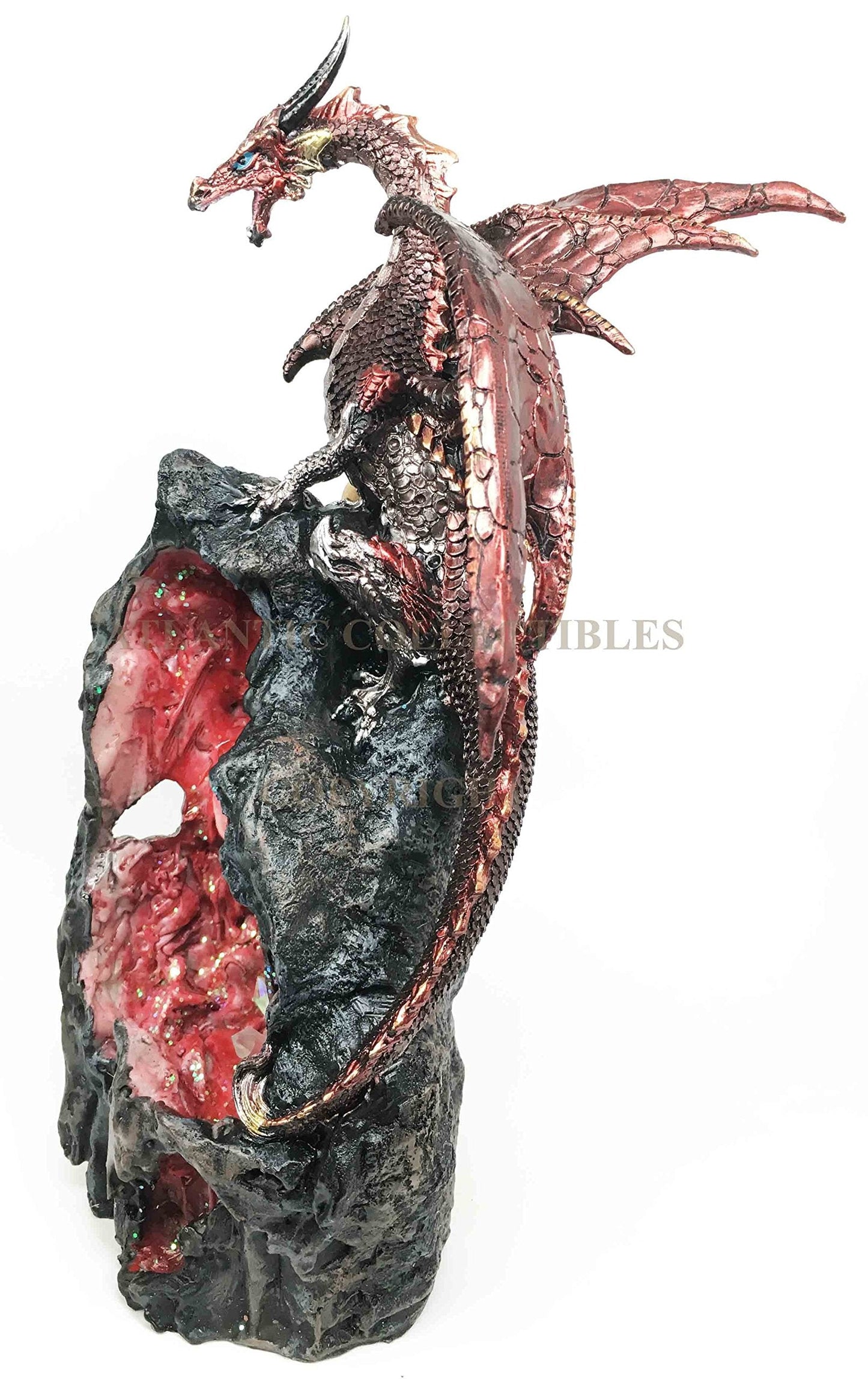 Ebros Red Ember Sapphire Quartz Dragon On Gemstone Geode Cave Mountain Statue 13" Tall with Backflow Incense Burner and Colorful LED Light Crystals Feature Fantasy Dungeons Dragons Decor Figurine