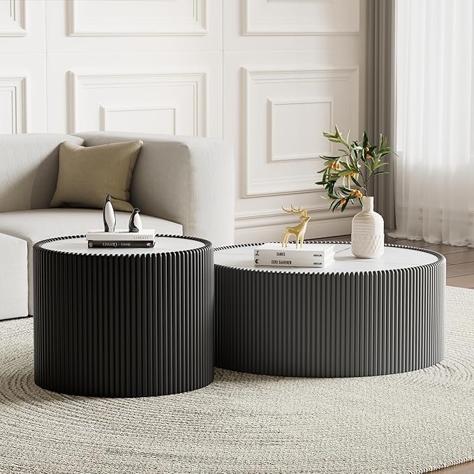 2-Piece Round Nesting Coffee Table Set, 29.52" Marble Coffee Table and End