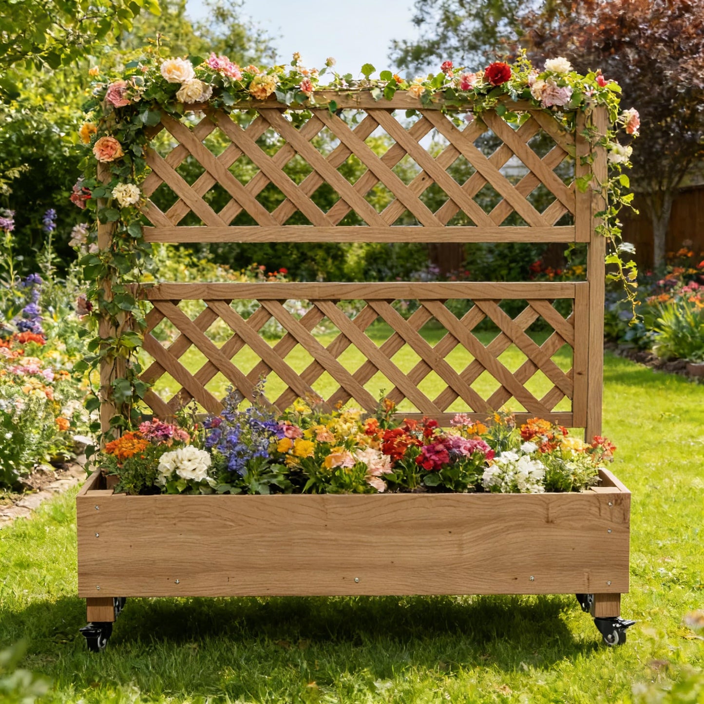Raised Garden Bed with Wheels Outdoor, Large Garden Planter Box Tomato Flower Pots with Standing Diamond Lattice Trellis for Vegetables Vines Herbs Fruits & Climbing Plants (Grid Upright Trellis)